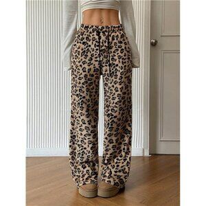 Basic Elastic Band Low Waist Flannel Leopard Print Straight Leg Sweatpants